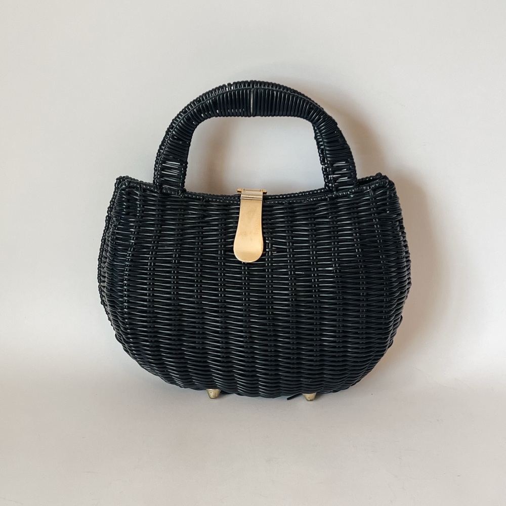 Vintage Black Woven Handbag with Brass Clasp